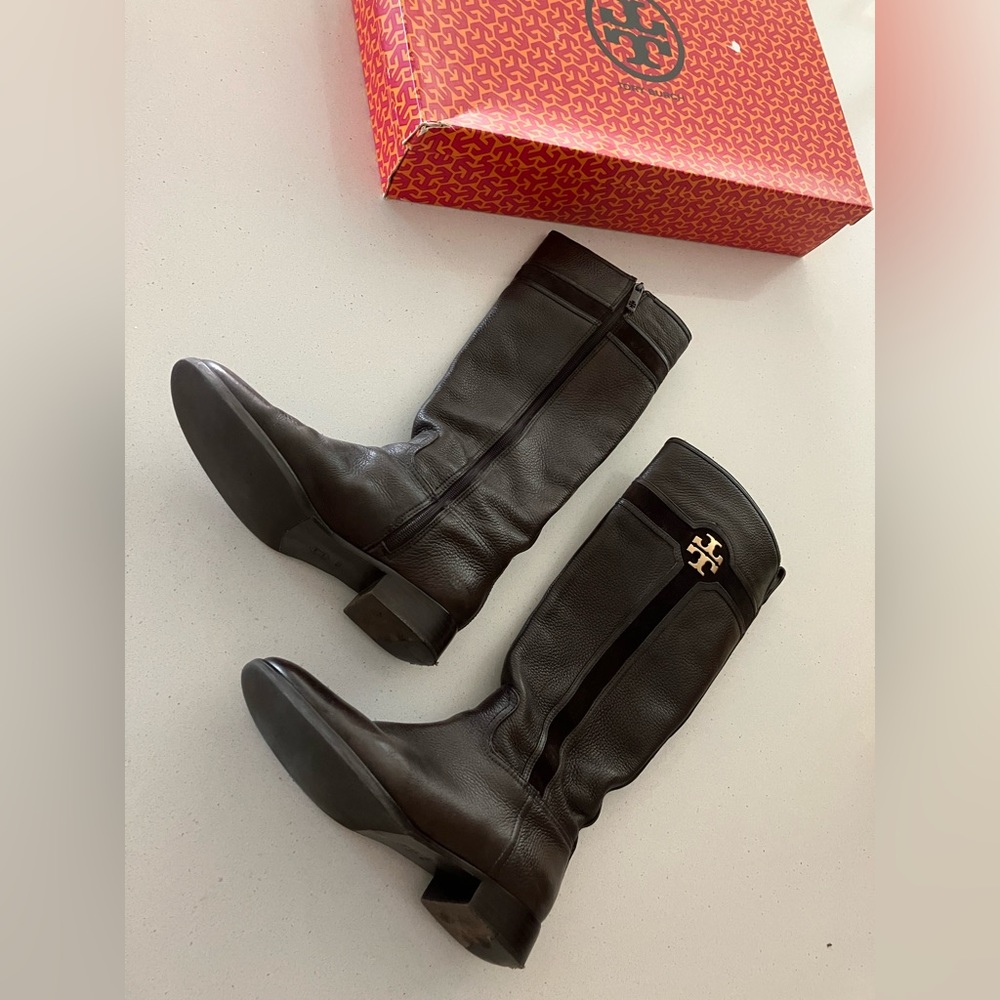 Tory Burch Alaina 30mm boot tumbled leather split suede coconut brown 9.5 riding